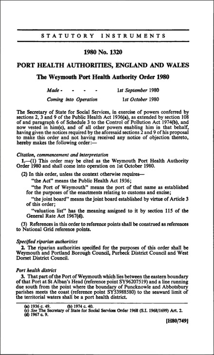 The Weymouth Port Health Authority Order 1980