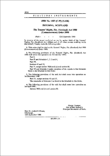 The Tenants' Rights, Etc. (Scotland) Act 1980 (Commencement) Order 1980