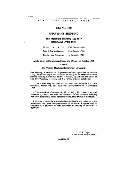 The Merchant Shipping Act 1979 (Bermuda) Order 1980