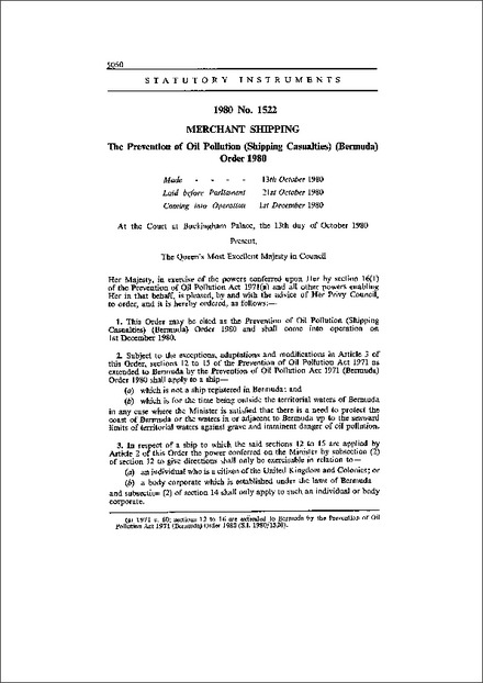 The Prevention of Oil Pollution (Shipping Casualties) (Bermuda) Order 1980