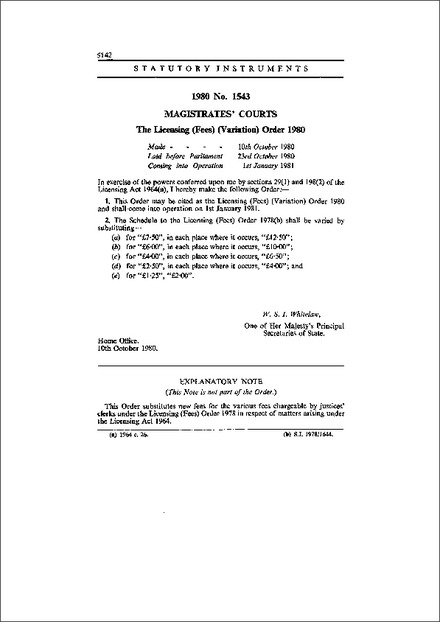 The Licensing (Fees) (Variation) Order 1980