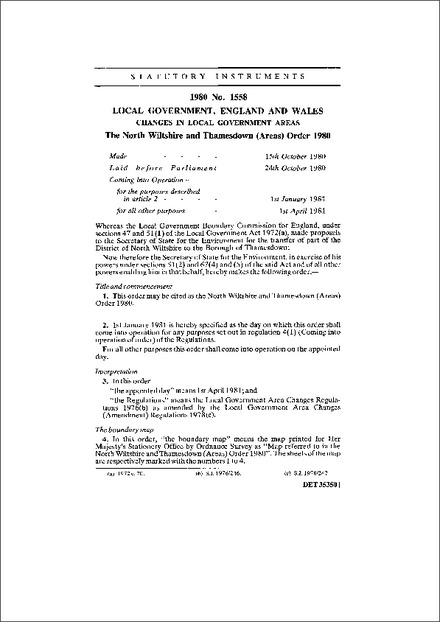 The North Wiltshire and Thamesdown (Areas) Order 1980