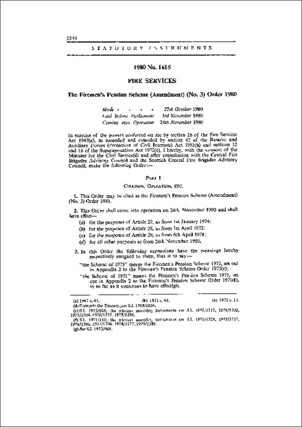 The Firemen's Pension Scheme (Amendment) (No. 3) Order 1980
