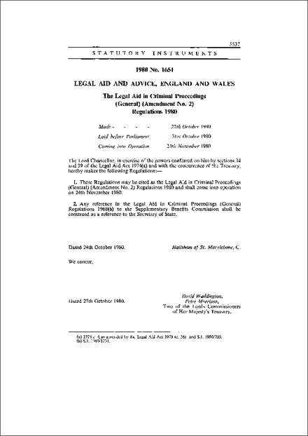 The Legal Aid in Criminal Proceedings (General) (Amendment No. 2) Regulations 1980