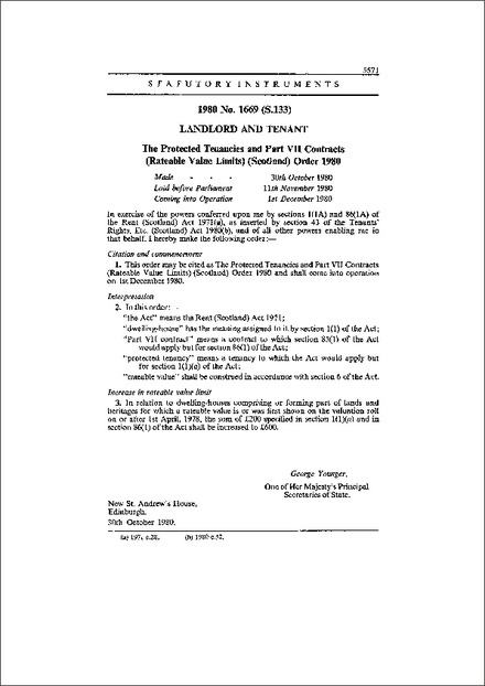 The Protected Tenancies and Part VII Contracts (Rateable Value Limits) (Scotland) Order 1980