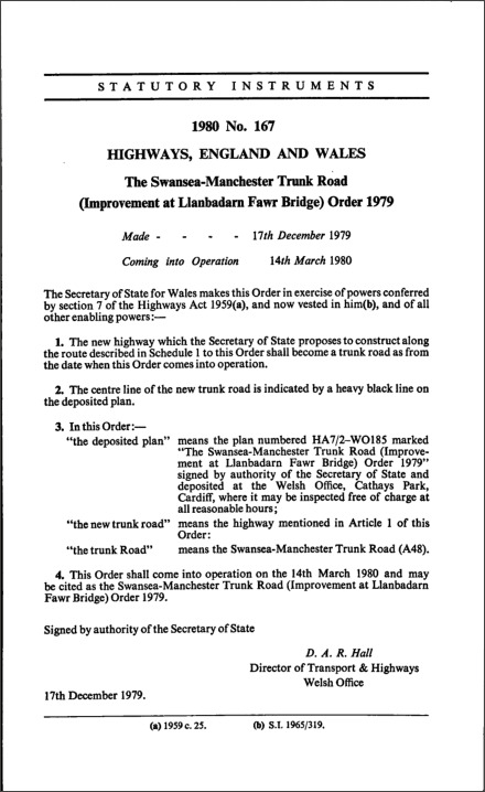 The Swansea-Manchester Trunk Road (Improvement at Llanbadarn Fawr Bridge) Order 1979
