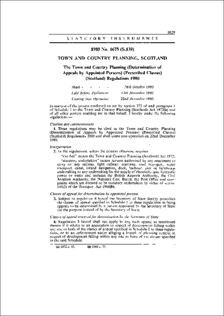 The Town and Country Planning (Determination of Appeals by Appointed Persons) (Prescribed Classes) (Scotland) Regulations 1980