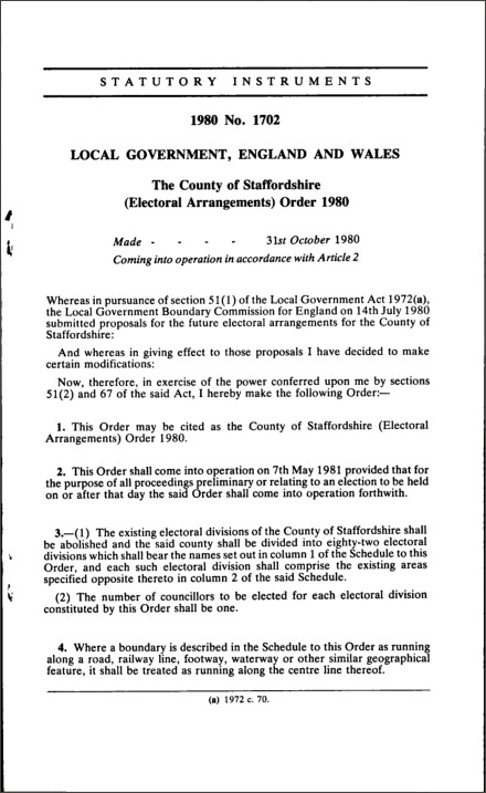 The County of Staffordshire (Electoral Arrangements) Order 1980