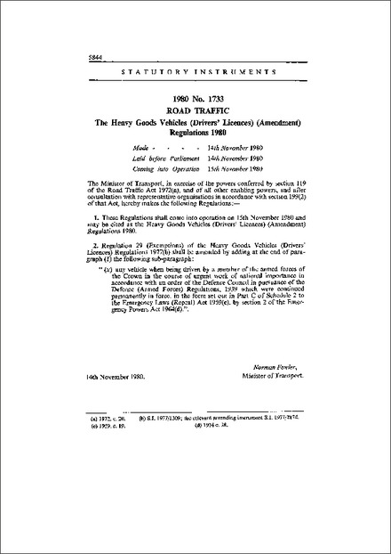The Heavy Goods Vehicles (Drivers' Licences) (Amendment) Regulations 1980