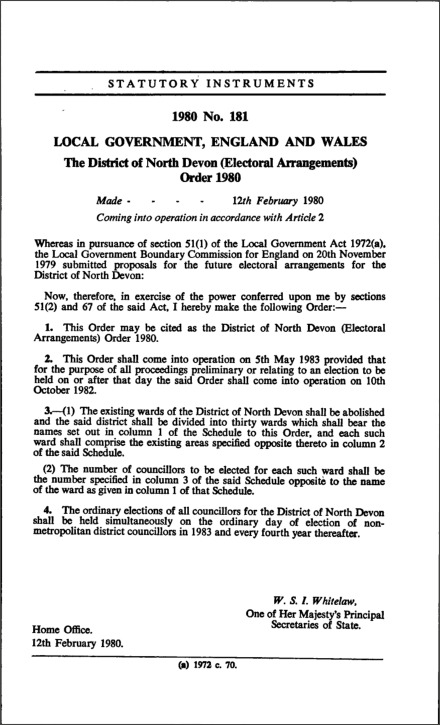 The District of North Devon (Electoral Arrangements) Order 1980