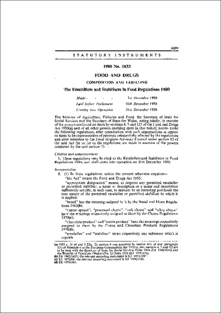 The Emulsifiers and Stabilisers in Food Regulations 1980