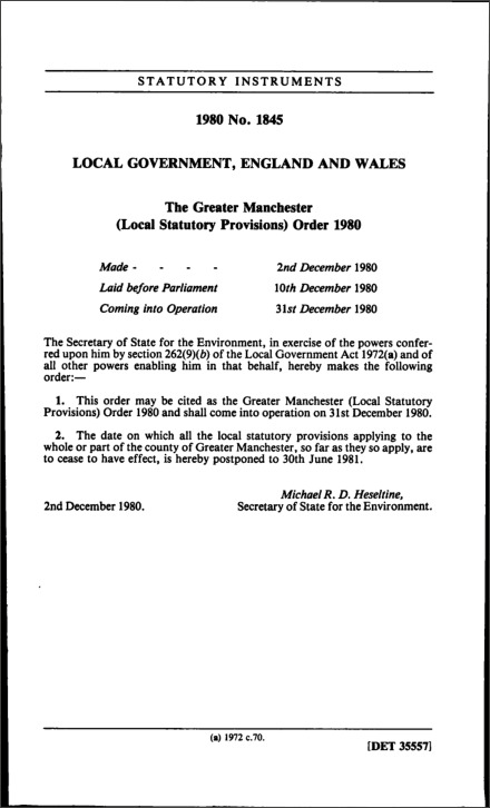 The Greater Manchester (Local Statutory Provisions) Order 1980