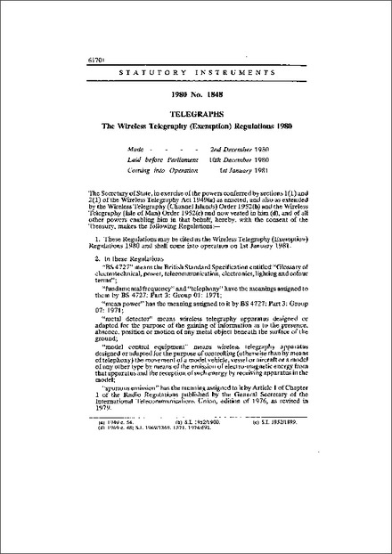The Wireless Telegraphy (Exemption) Regulations 1980