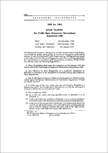 The Traffic Signs (Temporary Obstructions) Regulations 1980