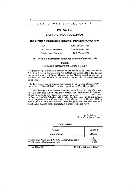 The Foreign Compensation (Financial Provisions) Order 1980