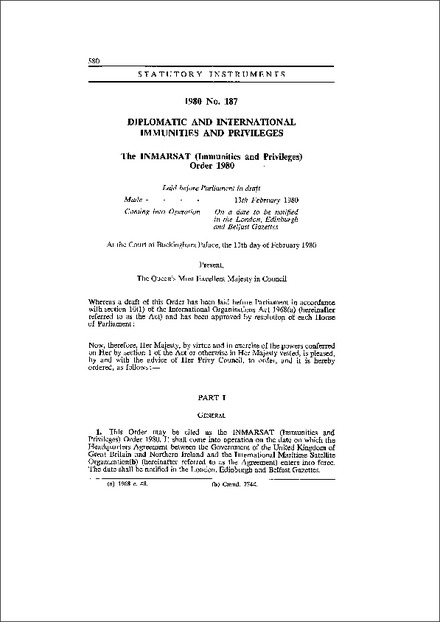 The INMARSAT (Immunities and Privileges) Order 1980