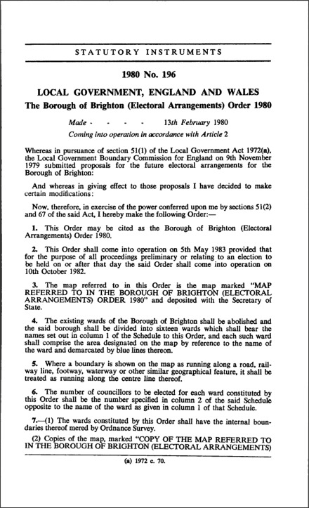 The Borough of Brighton (Electoral Arrangements) Order 1980