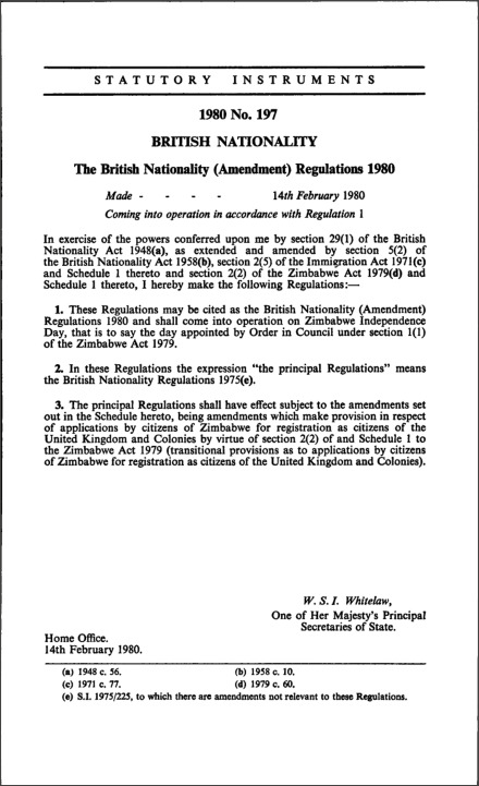 The British Nationality (Amendment) Regulations 1980