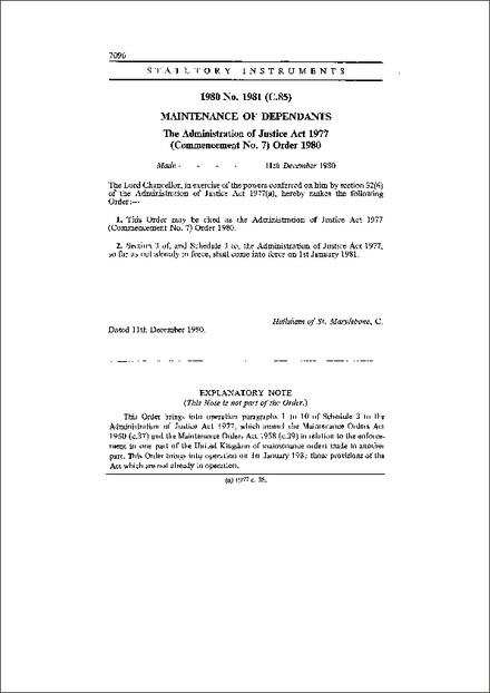 The Administration of Justice Act 1977 (Commencement No. 7) Order 1980