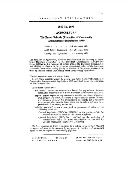 The Butter Subsidy (Protection of Community Arrangements) Regulations 1980