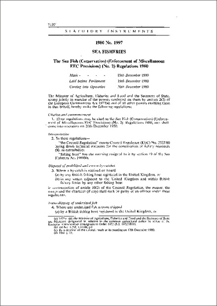 The Sea Fish (Conservation) (Enforcement of Miscellaneous EEC Provisions) (No. 2) Regulations 1980