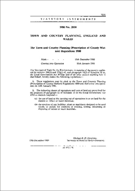 The Town and Country Planning (Prescription of County Matters) Regulations 1980