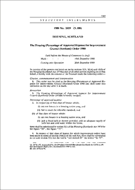 The Housing (Percentage of Approved Expense for Improvement Grants) (Scotland) Order 1980