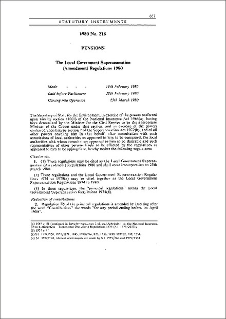 The Local Government Superannuation (Amendment) Regulations 1980
