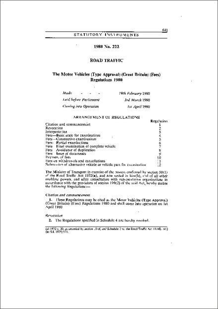 The Motor Vehicles (Type Approval) (Great Britain) (Fees) Regulations 1980