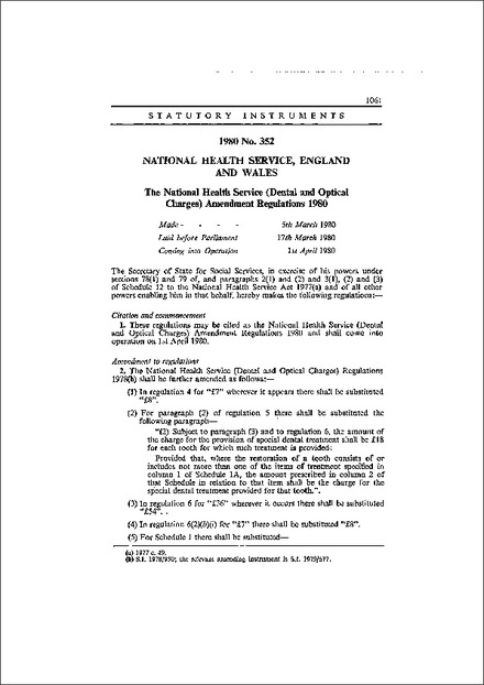 The National Health Service (Dental and Optical Charges) Amendment Regulations 1980