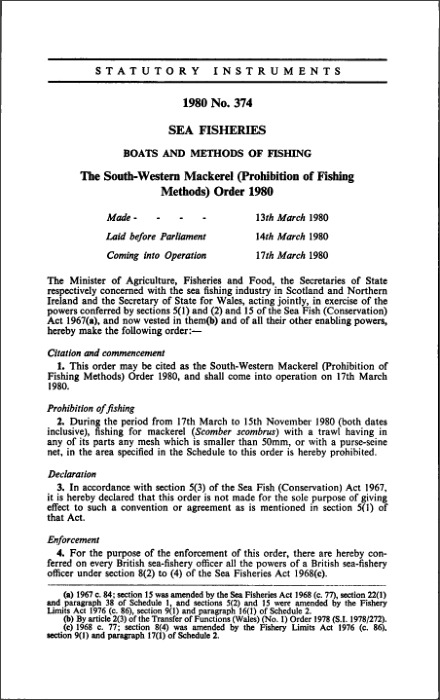 The South-Western Mackerel (Prohibition of Fishing Methods) Order 1980