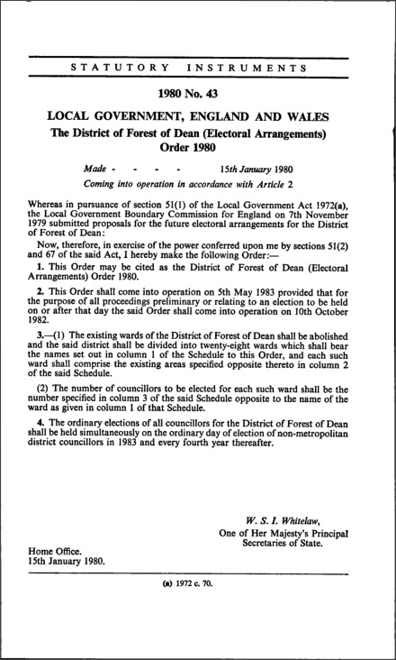 The District of Forest of Dean (Electoral Arrangements) Order 1980