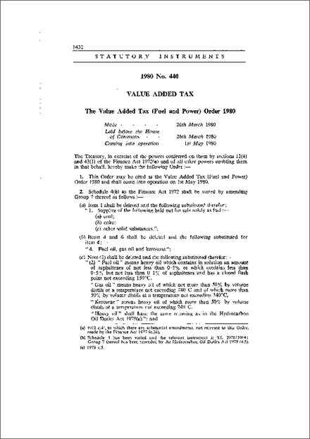 The Value Added Tax (Fuel and Power) Order 1980