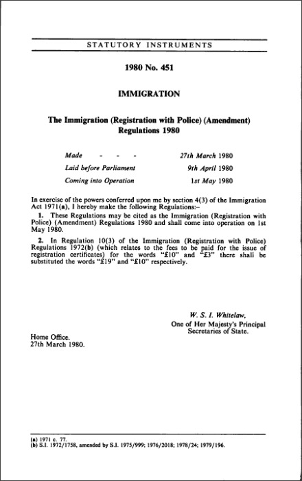 The Immigration (Registration with Police) (Amendment) Regulations 1980