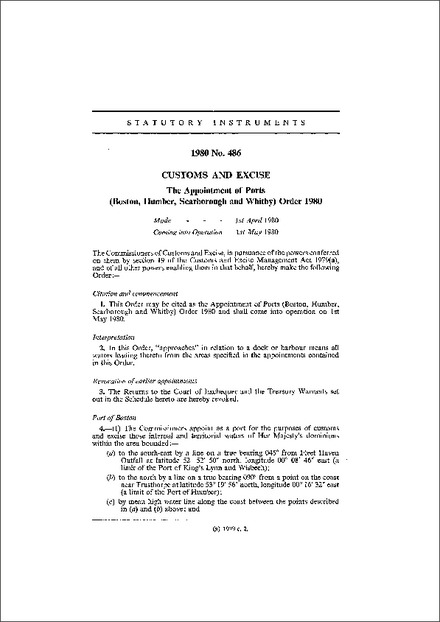 The Appointment of Ports (Boston, Humber, Scarborough and Whitby) Order 1980