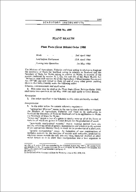 Plant Pests (Great Britain) Order 1980