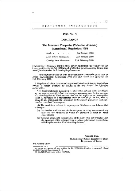 The Insurance Companies (Valuation of Assets) (Amendment) Regulations 1980