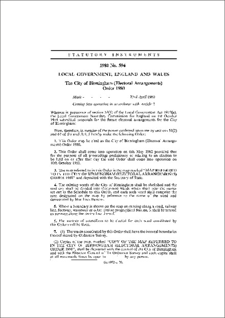 The City of Birmingham (Electoral Arrangement) Order 1980