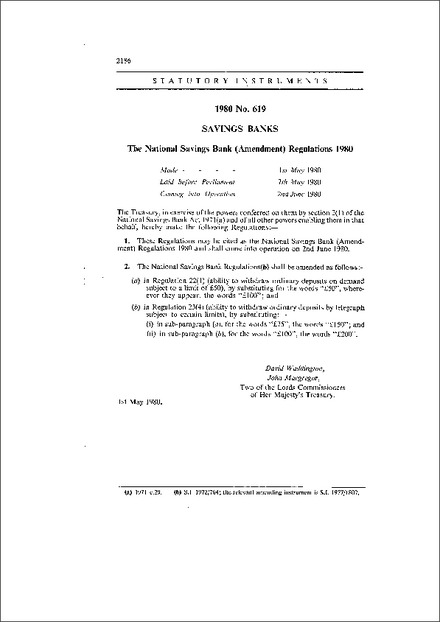 The National Savings Bank (Amendment) Regulations 1980