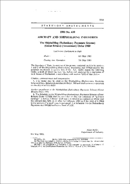 The Shipbuilding (Redundancy Payments Scheme) (Great Britain) (Amendment) Order 1980
