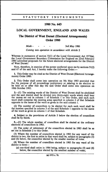 The District of West Dorset (Electoral Arrangements) Order 1980