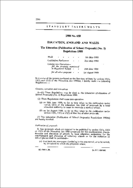 The Education (Publication of School Proposals) (No. 2) Regulations 1980