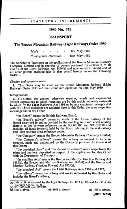 The Brecon Mountain Railway (Light Railway) Order 1980