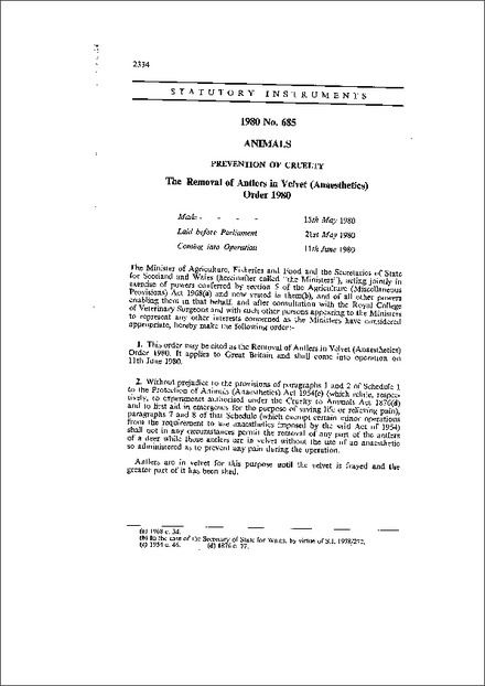 The Removal of Antlers in Velvet (Anaesthetics) Order 1980