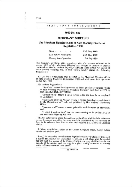 The Merchant Shipping (Code of Safe Working Practices) Regulations 1980