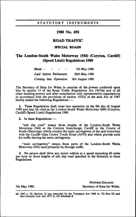 The London-South Wales Motorway (M4) (Coryton, Cardiff) (Speed Limit) Regulations 1980