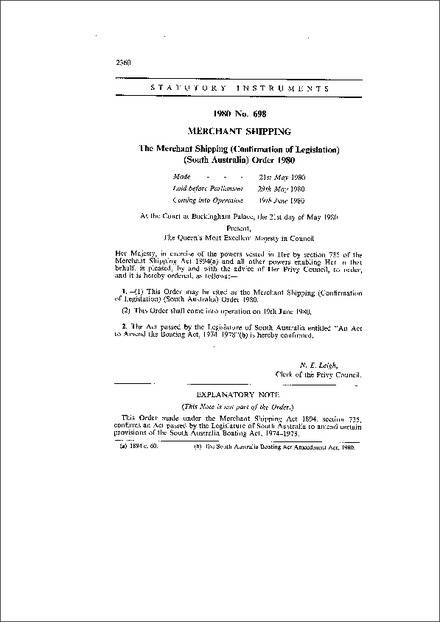 The Merchant Shipping (Confirmation of Legislation) (South Australia) Order 1980