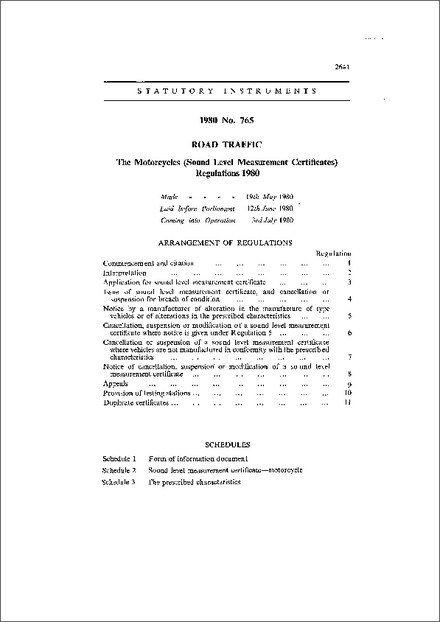 The Motorcycles (Sound Level Measurement Certificates) Regulations 1980