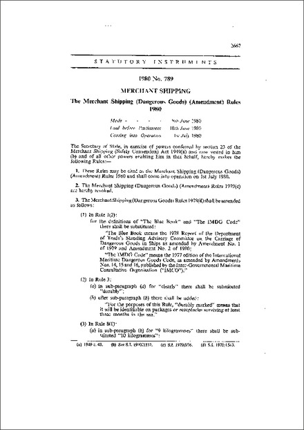 The Merchant Shipping (Dangerous Goods) (Amendment) Rules 1980