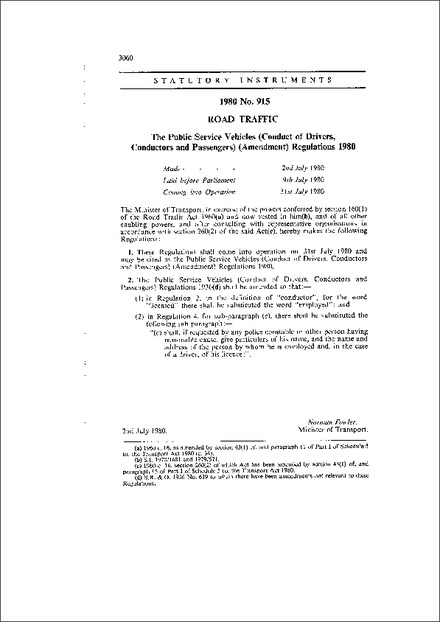 The Public Service Vehicles (Conduct of Drivers, Conductors and Passengers) (Amendment) Regulations 1980